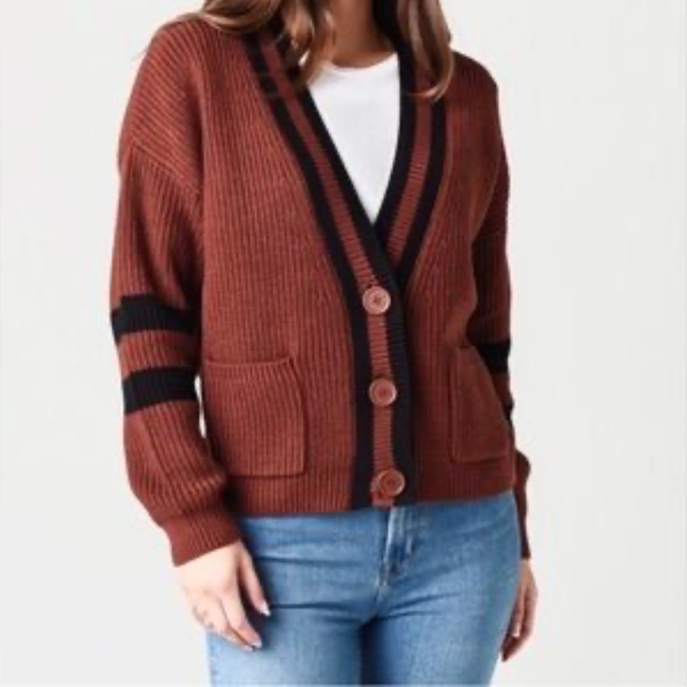 525 America Cropped Varsity V-Neck Cardigan Sweater Brown Black Stripes Xs